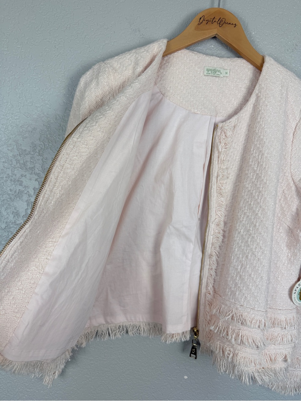 Spartina 449 Harper Tweed Fringe Champagne Jacket NWT Medium Resort Quiet Luxury - Picture 6 of 14